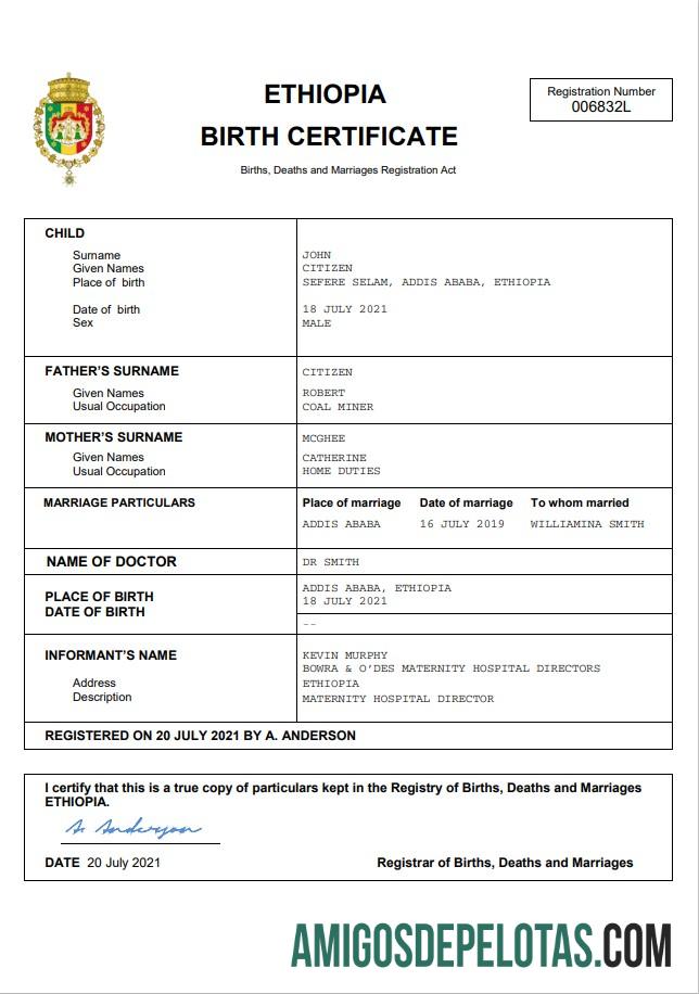 Realista modelo Word e PDF de certidão de nascimento de registro vital da Etiópia